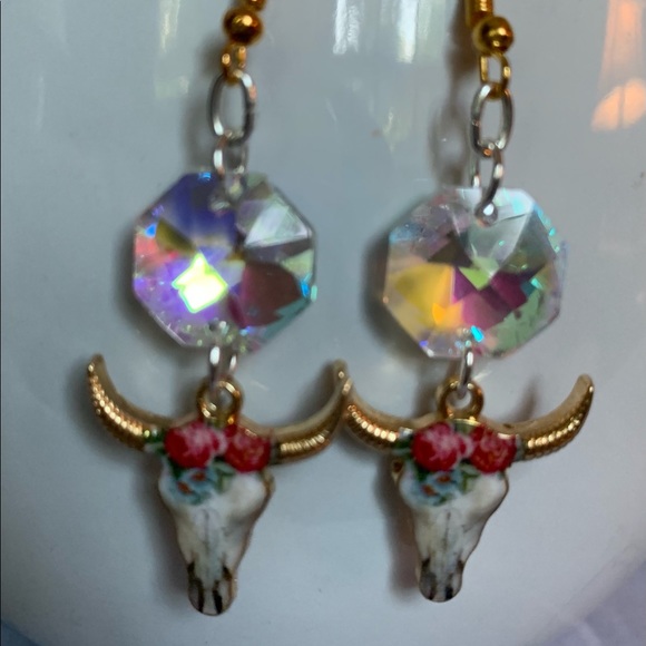 Floral Cow Skull Earrings, Style 1 - Picture 2 of 4